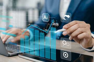 Businessman using artificial intelligence (AI) and data visualization tools to analyze market trends.