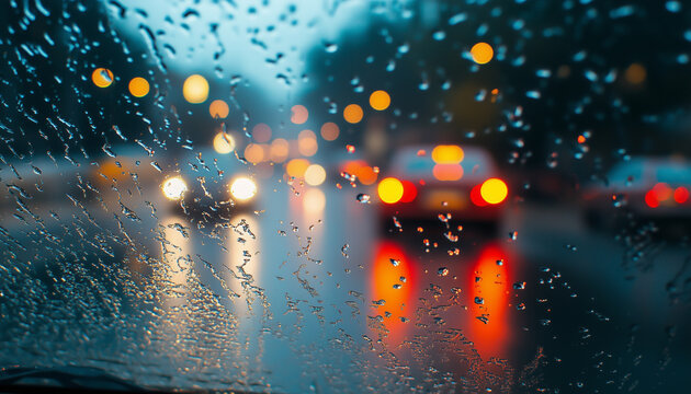 Car driving in city during rain and wet snow. Visibility poor due to weather. Traffic lights visible through wet windscreen showing red and yellow