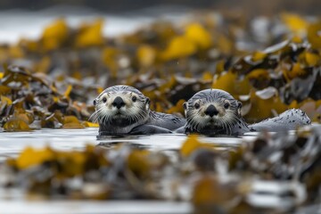 Two curious sea otters emerge from golden kelp, their adorable faces visible