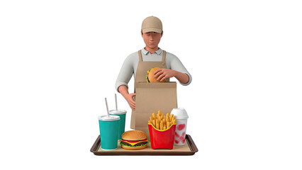 Fast Food Worker Preparing Order with Burger and Fries