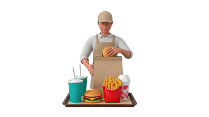 Fast Food Worker Preparing Order with Burger and Fries
