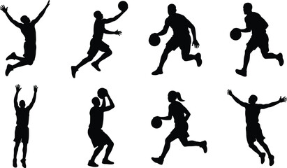 Basketball player silhouette action poses set, jumping shooting dribbling movements, dynamic sport energy, training competition, black white illustration collection vector © Shahariar's World