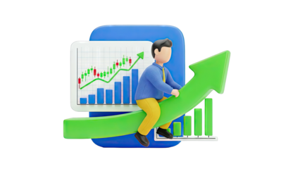 3D Character Riding Green Arrow Upwards with Financial Charts