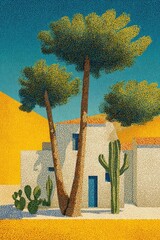 Stippled Illustration of a Desert Scene with Trees and a Building