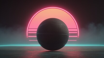 Matte black basketball against neon pink-orange sunset arch backdrop - for sports brand campaigns, street fashion, athletic ads, retro-futuristic game graphics