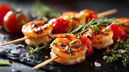 Grilled shrimp skewers with tomatoes and rosemary.