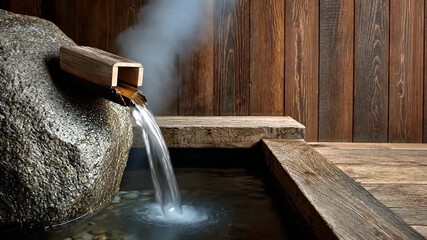 A tranquil onsen hot spring with water flowing from a bamboo spout.