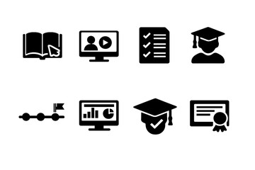 Online Courses Icon Set. Online Courses. Filled icon set of Online Courses: course catalog, recorded lecture,