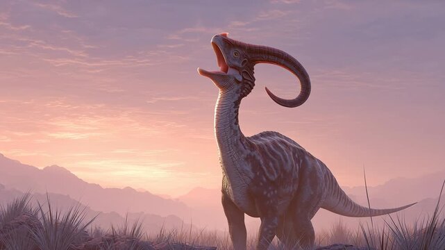 Dinosaur Parasaurolophus Roaring Golden Hour 3D Render