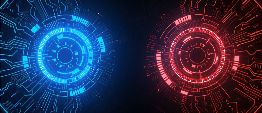 Cyber Security Concept Duel Blue And Red Digital Technology Background Abstract Network Firewall Interface