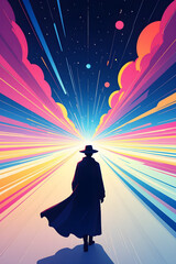 Silhouette Walking Towards Cosmic Light Tunnel person