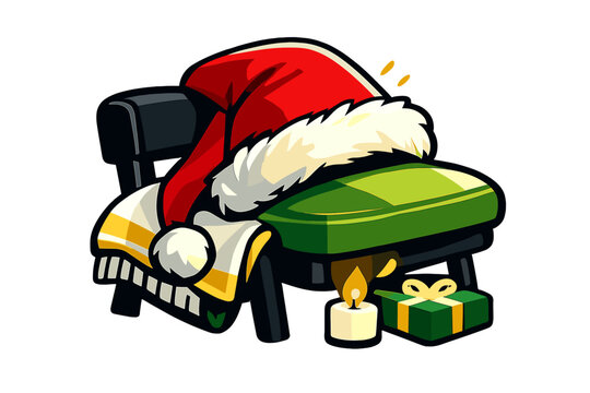 Cozy Christmas Corner. Cozy Christmas Interior Detail. A Santa hat slouched over a chair seat, fluffy trim
