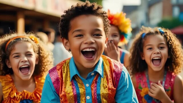 Joyful Kids in Bright Costumes at Carnival Festival