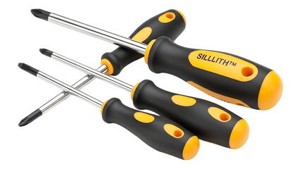 A collection of three precision screwdrivers with black and yellow handles and silver shafts featuring the brand name SILLLITH on transparent background. on transparent background