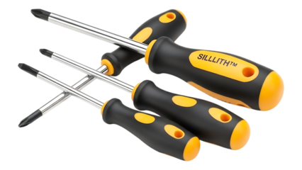A collection of three precision screwdrivers with black and yellow handles and silver shafts featuring the brand name SILLLITH on transparent background. on transparent background