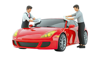 Two men detailing a red sports car with cloths