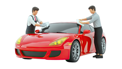 Two men detailing a red sports car with cloths