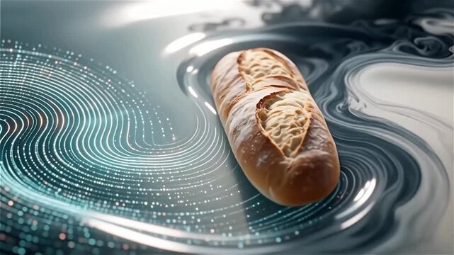 Artistic visual of a loaf of bread on a swirling abstract background with digital patterns and a glossy surface