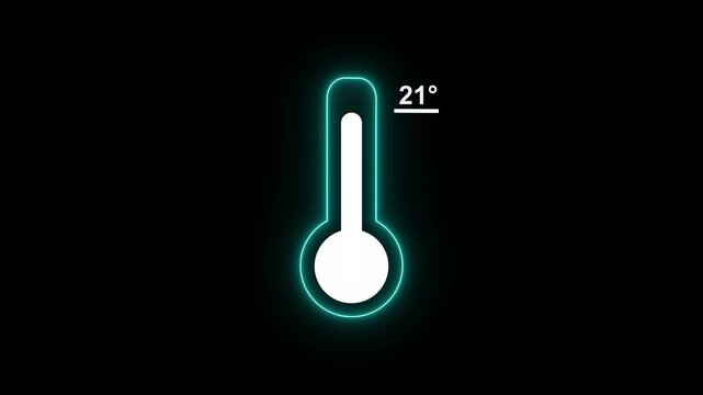 Neon Medical thermometer icon animation. Thats indicates weather temperature 21 degree increse or decline. Thermometer equipment showing hot or cold weather. Alpha channel