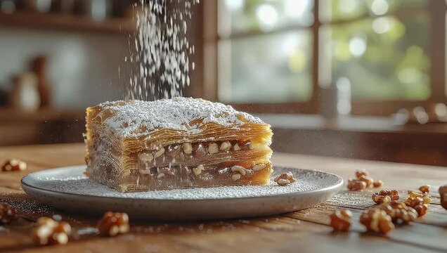 Sweet Baklava Slice Sprinkled with Powdered Sugar and Walnuts in Slow Motion, Traditional Middle Eastern Dessert, Delicious Pastry with Syrup and Nuts, 4K