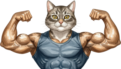 Muscular cat flexing muscles in blue tank top isolated on transparent background
