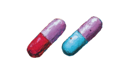 Two colored capsules, one red and pink, the other blue, over a black background