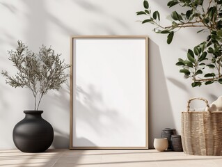 Minimal empty frame mockup on clean interior wall with soft shadows and natural lighting, ideal for professional wall art and poster presentation