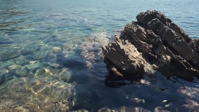 Waves crash on a big rock. Sea water waves turquoise blue surface of Mediterranean coast at summer. Beautiful sea watercolor. Paradise blue lagoon. Scenic rocky coastline. Relax, zen, harmony
