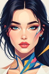 Stylized Portrait of a Woman with Blue Eyes and Dark Hair