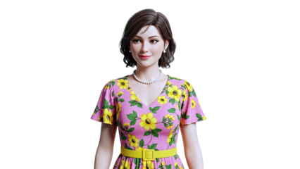 Woman in Pink Floral Dress with Yellow Belt and Pearl Necklace