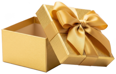 Luxurious open gold gift box with elegant satin gold bow and ribbon