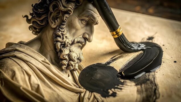Ancient statue of a man writing with a pen, art and history concept.