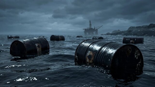 Rusty oil barrels floating in a dark ocean with an offshore oil platform in the background, environmental pollution and ecological disaster for industrial waste concepts
