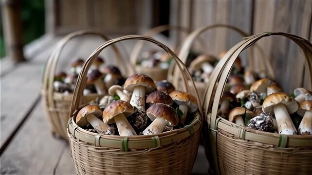 Baskets filled with freshly foraged mushrooms on a wooden porch surrounded by greenery