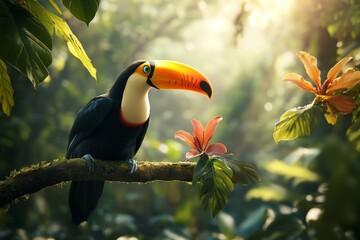 A toucan perched on a mossy branch with tropical flowers, bathed in golden sunlight filtering through the rainforest canopy