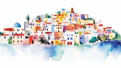 A vibrant watercolor illustration of a charming coastal village with colorful houses and palm trees, depicting a serene and picturesque environment.