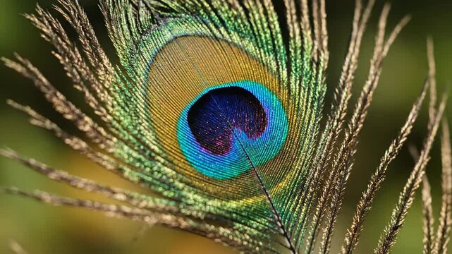 Close up detail of a vibrant peacock feather eye pattern natural texture