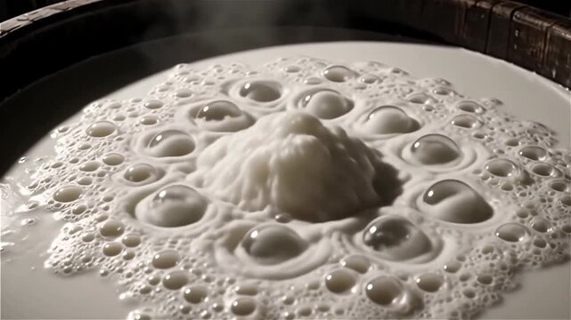 Bubbling milk in a wooden barrel, steaming, with a creamy texture and frothy bubbles forming a pattern on the surface