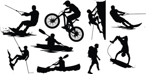 Extreme adventure sports silhouette collection, outdoor action athletes, wakeboarding cycling kayaking climbing hiking surfing illustration set black white high contrast
