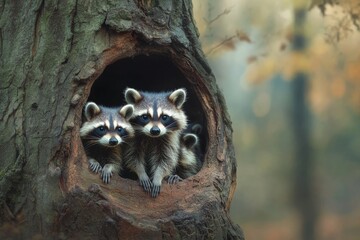Three curious raccoons peering out from a tree hollow, their masked faces framed by autumn foliage