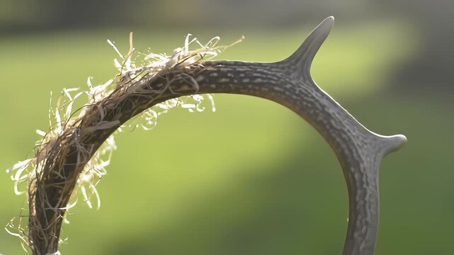 Close-up of a deer antler with moss and a blurred green background.