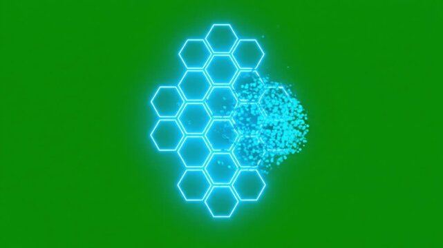 Futuristic glowing blue honeycomb grid, digital particle disintegration effect on green screen, high-tech hexagonal network animation for motion graphics