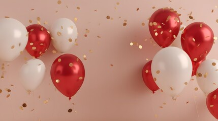 Colorful Balloons with Gold Confetti on a Soft Pink Background