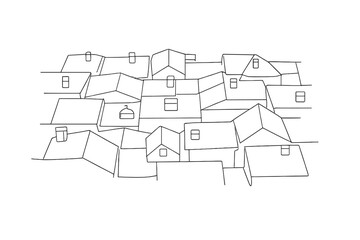 Snowy Cityscape Outline. Snowy city roofs aerial view. Minimalistic one-line drawing city roof grid seen from