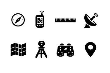 Geographic Tools Icons. Geographic Tools. Filled icon set of Geographic Tools: compass tool, GPS device,