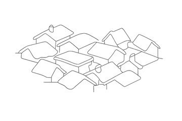 Snowy Rooftops Outline. Snow-covered roofs aerial view. Minimalistic one-line drawing clustered rooftops seen