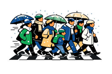 Snowy Umbrella Crossing. Snowy Crosswalk Crowd. A small crowd crossing together, umbrellas and hats dusted