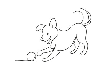 Playful Dog Snowball. Playful dog with snowball. Minimalistic one-line drawing playful dog batting a snowball