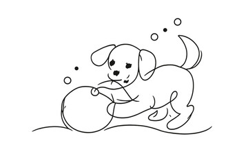 Puppy's Snowy Playtime. Winter puppy snowball game. Minimalistic one-line drawing small puppy engaged in a