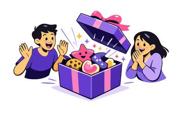 Festive Cookie Reveal. Festive Cookie Surprise. A gift box being opened to reveal colorful cookies inside, lid